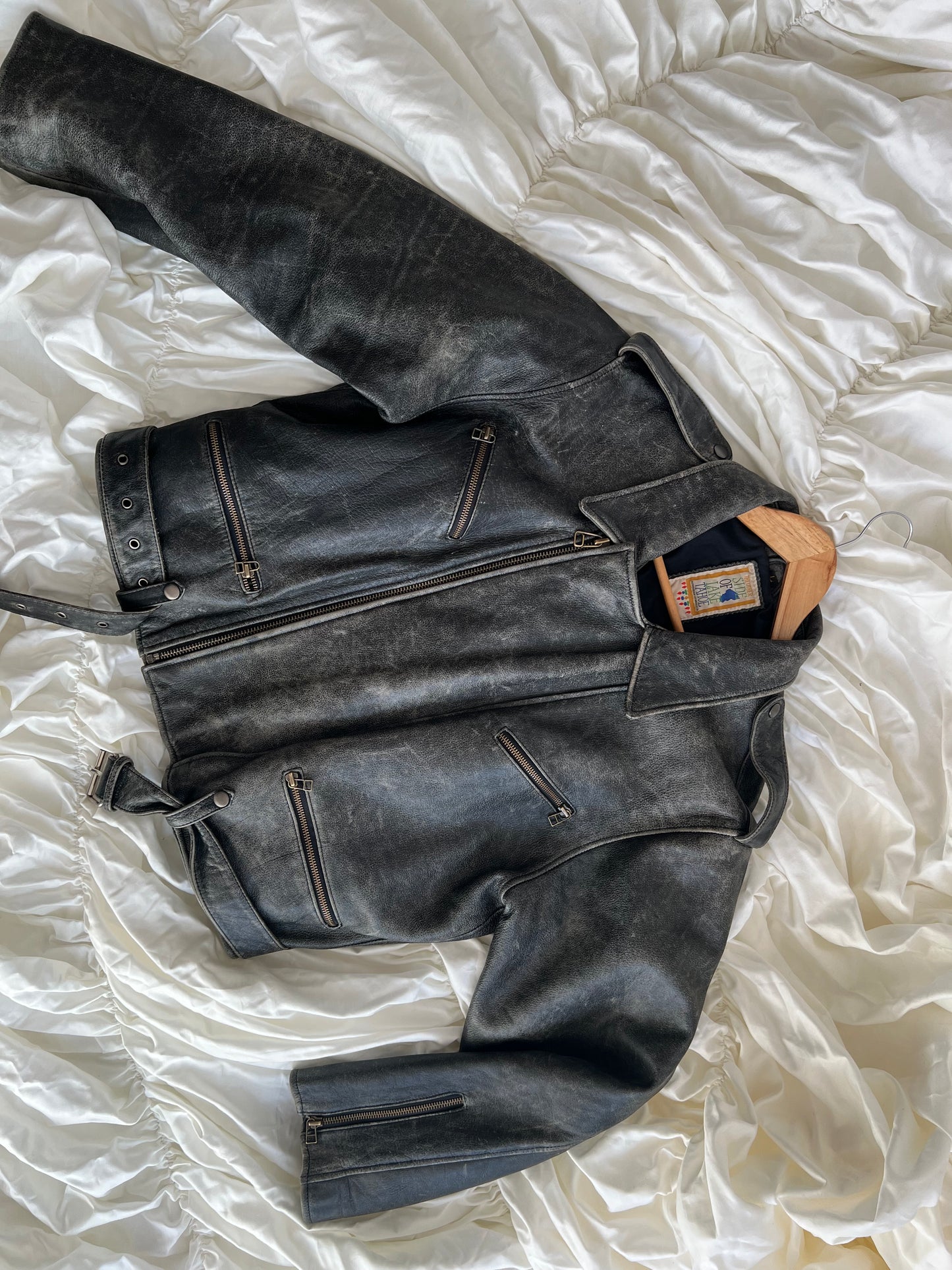 A distressed jacket made of genuine leather