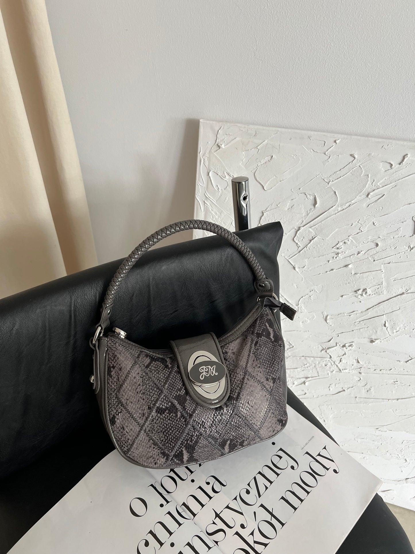 Gray snake print bag