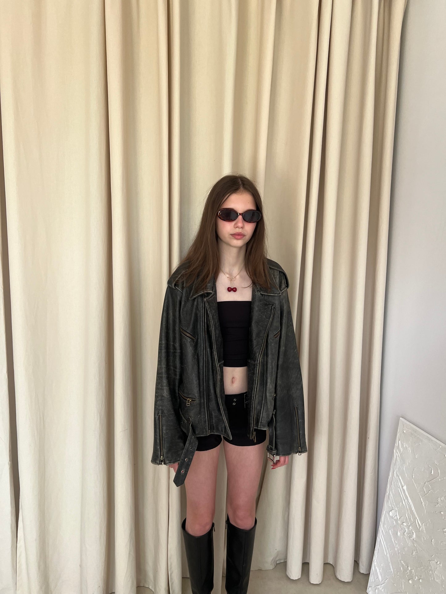 A distressed jacket made of genuine leather