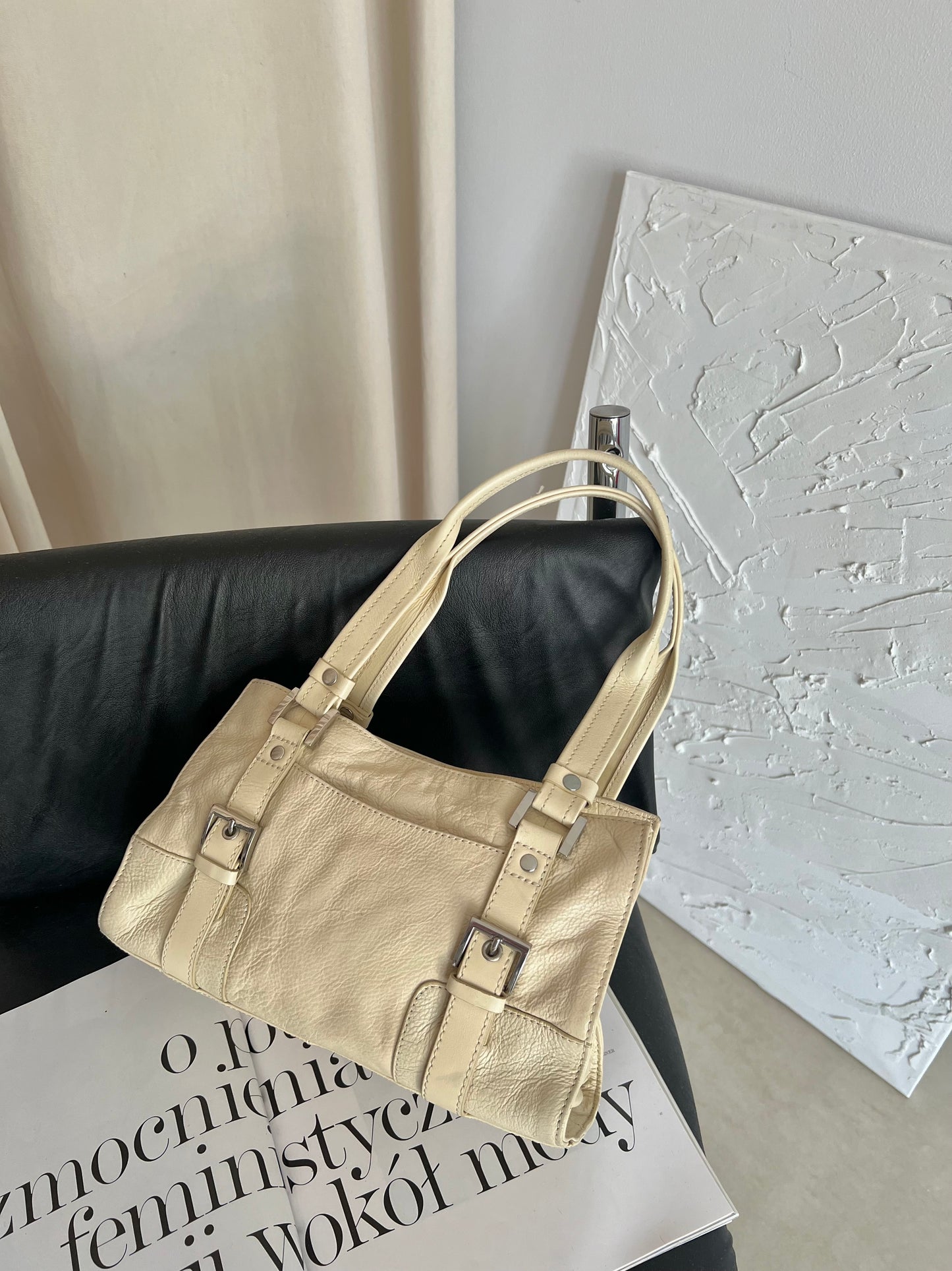 Cream bag made of genuine leather