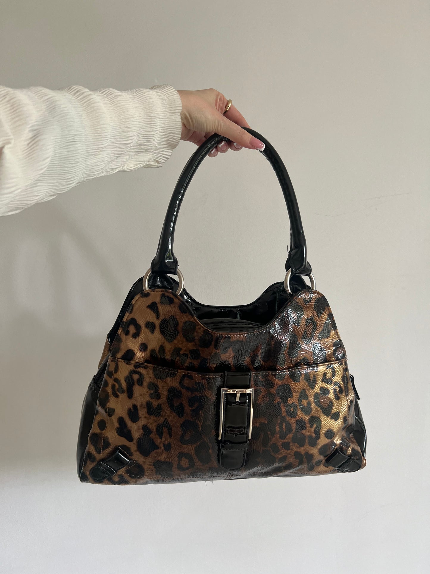 Patent leopard print bag