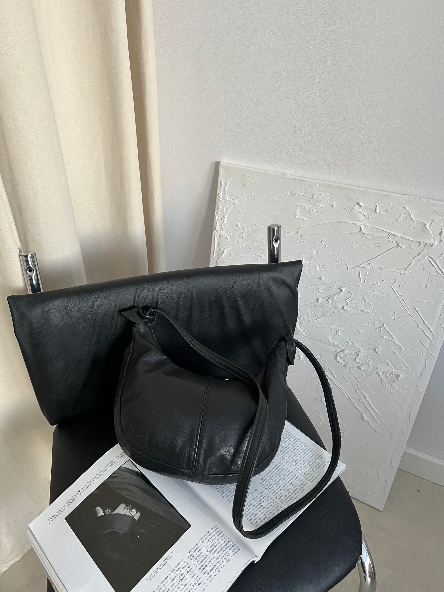 Bag with a long strap made of natural leather