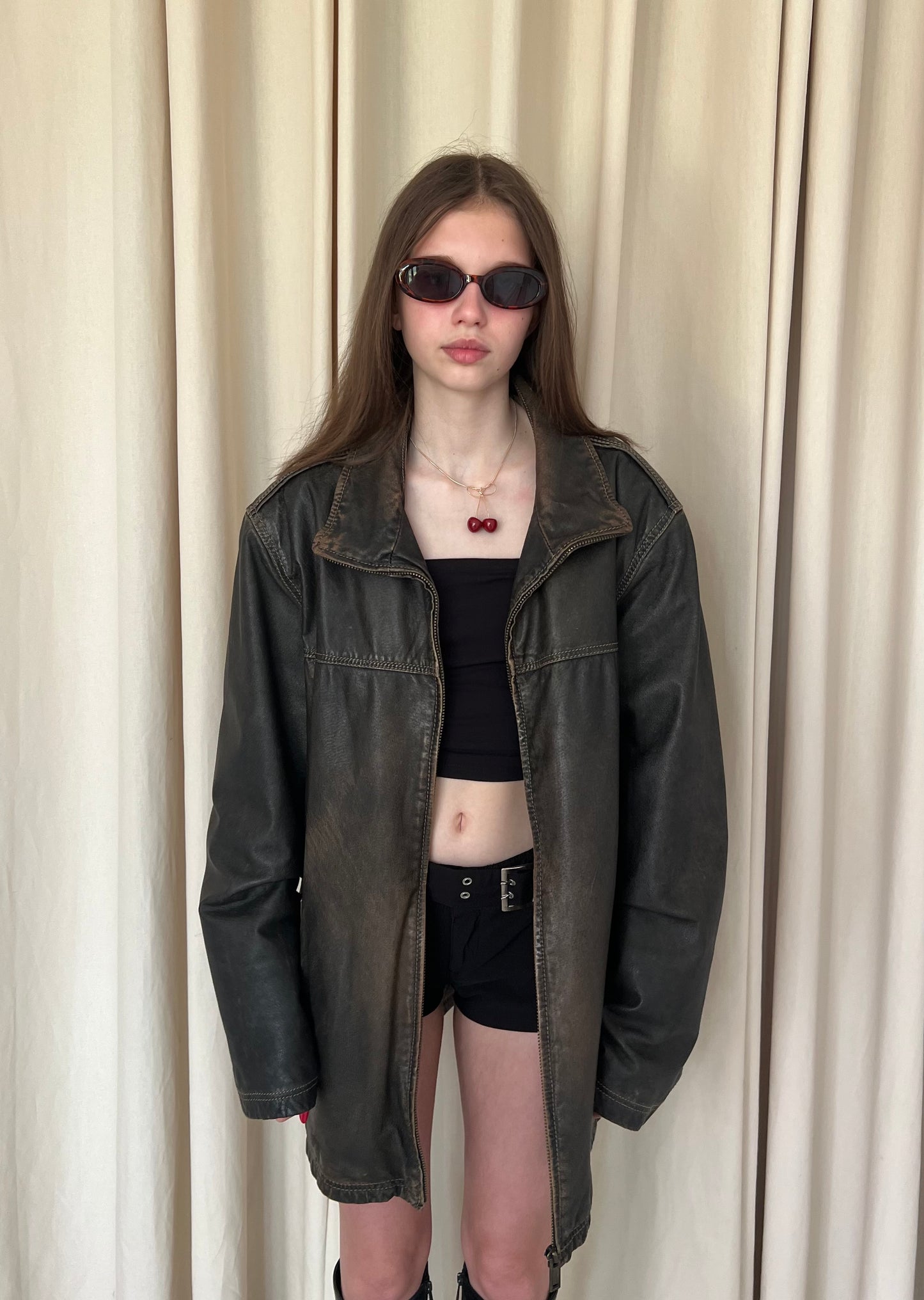 A distressed jacket made of genuine leather
