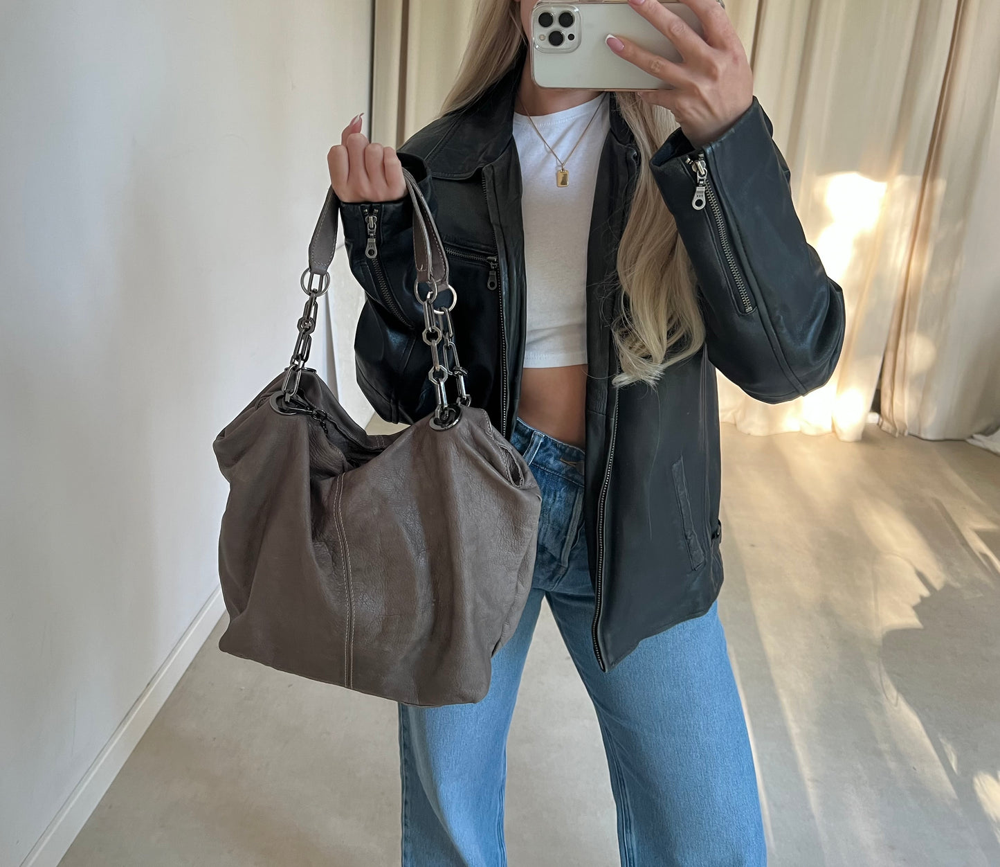 Taupe genuine leather bag