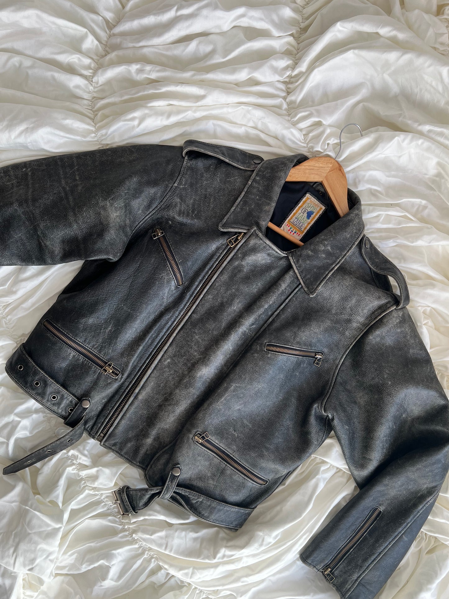 A distressed jacket made of genuine leather