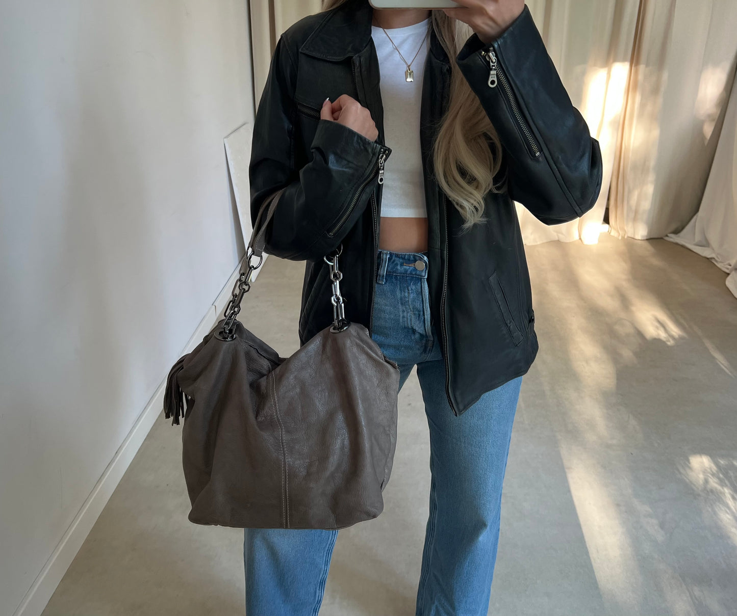 Taupe genuine leather bag