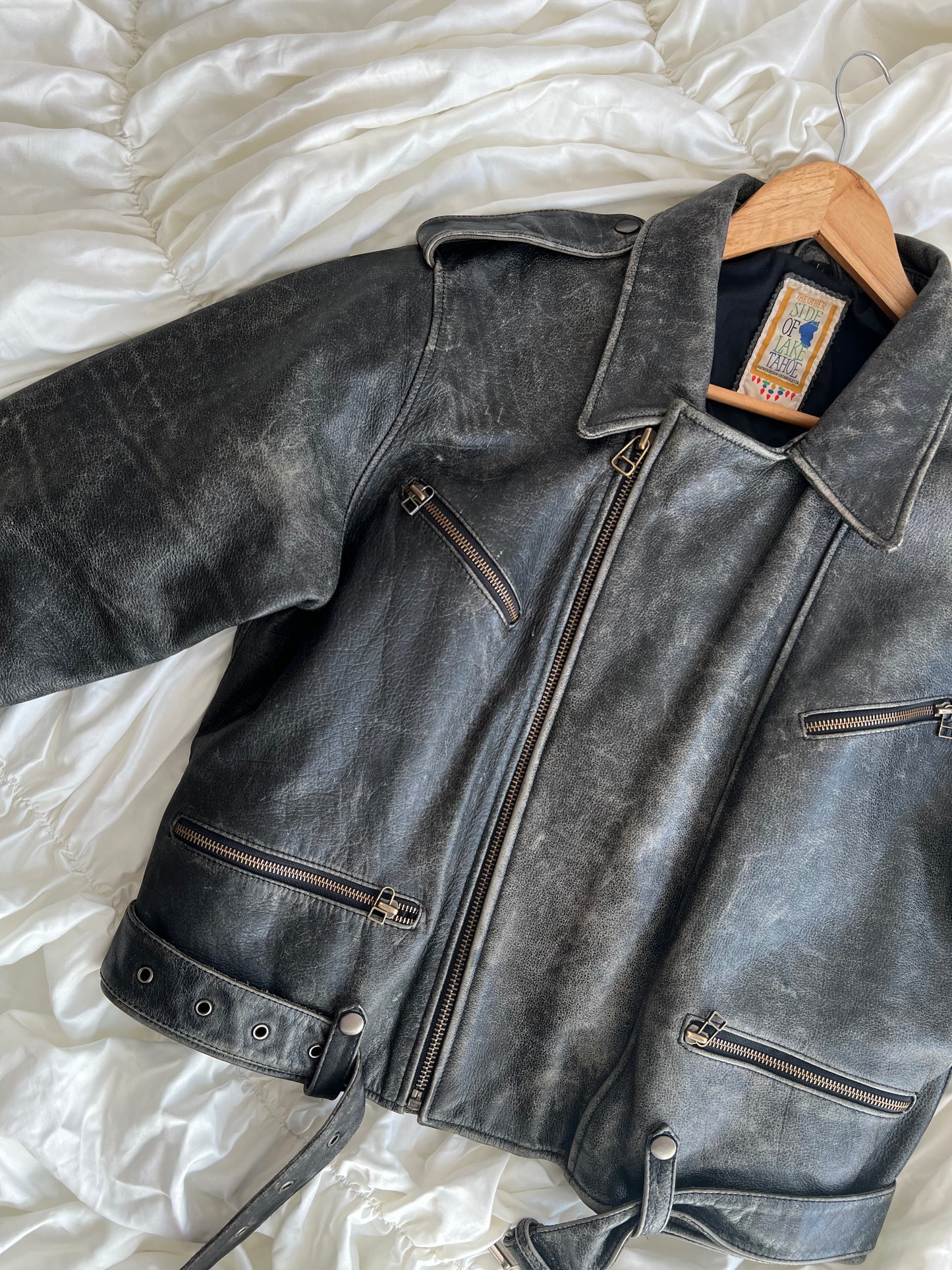 A distressed jacket made of genuine leather
