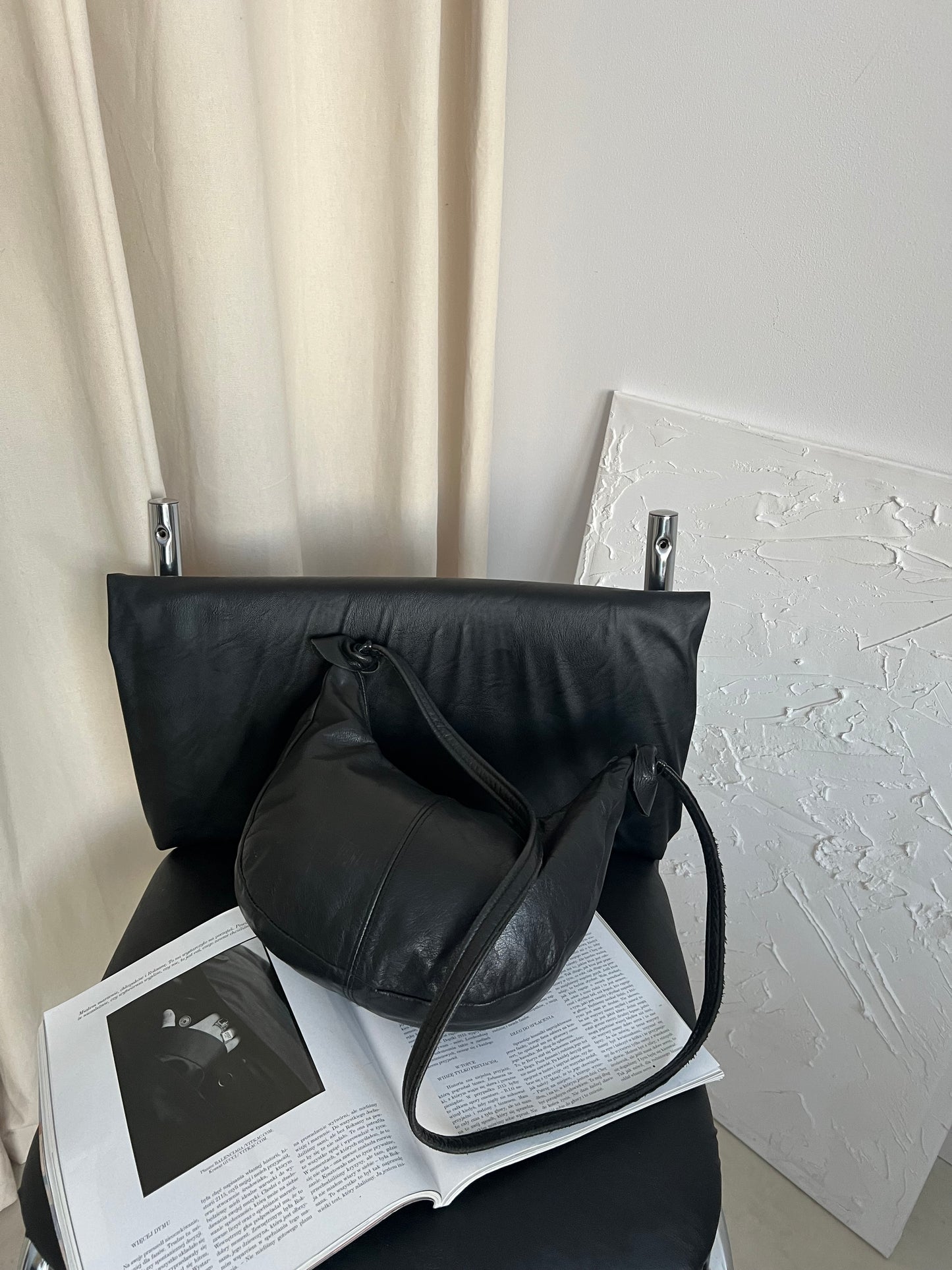Bag with a long strap made of natural leather