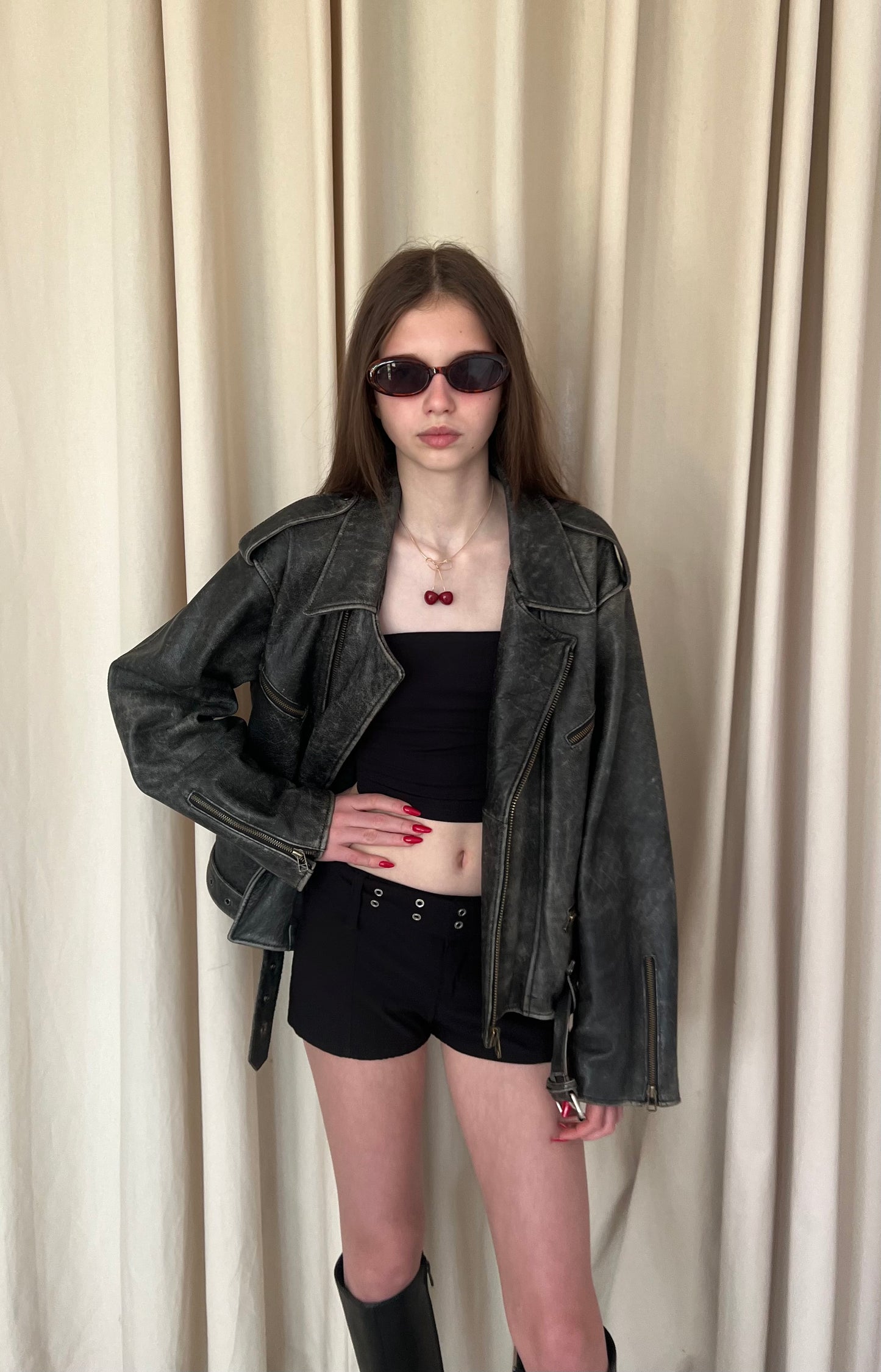 A distressed jacket made of genuine leather