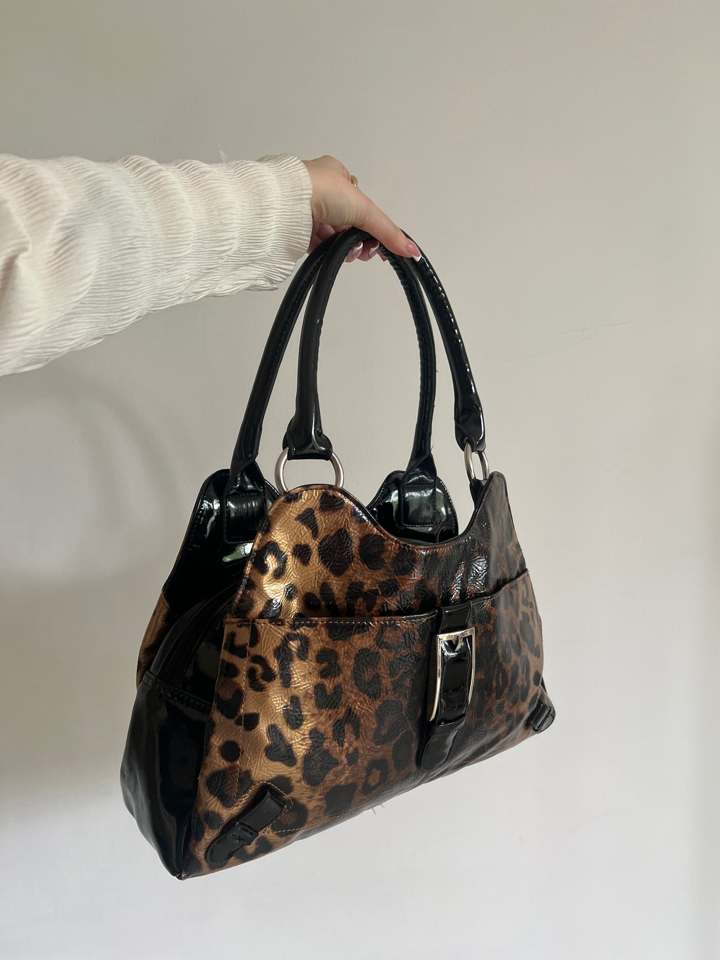 Patent leopard print bag