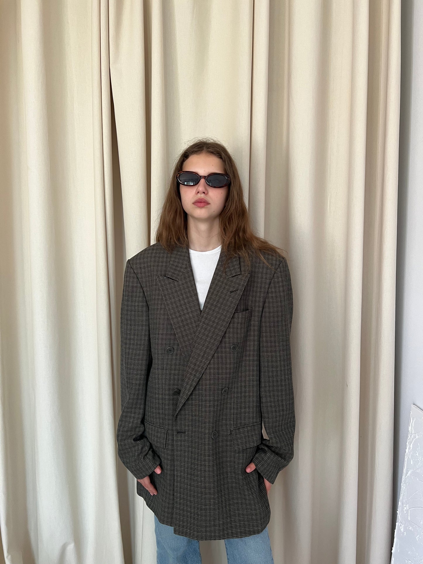 Wool check double-breasted blazer