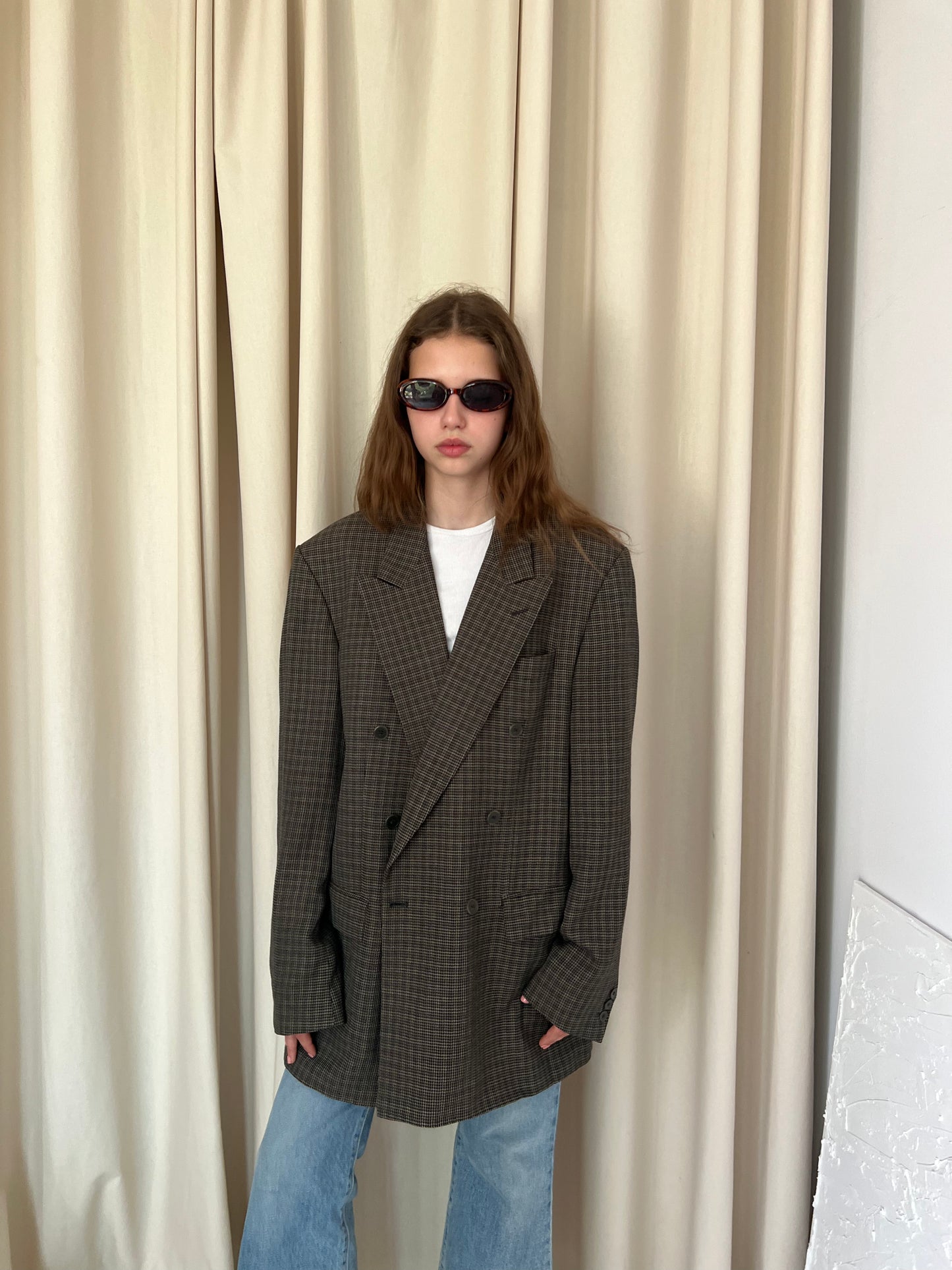 Wool check double-breasted blazer